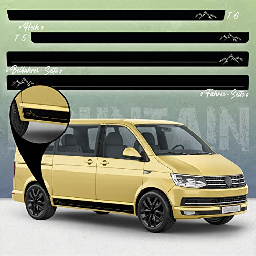 Auto-Dress Seiten-Streifen Aufkleber Set/Dekor passend für VW T4, T5 & T6 Bus - Motiv: Mountain Silhouette Original (124 Dark Grey, Kurzer Radstand)