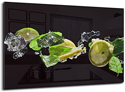 CANVAS FLY Wandbild aus Glas, Deko für Küchenrückwand, Wandpaneele Gehärtet, Deko-Glasplatte aus Vorgespanntem Glas, Spritzschutz für die Küche 90x55 | Zitrone
