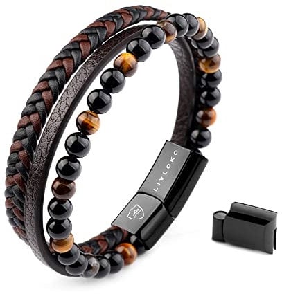 LIVLOKO Mens Bracelet Leather Black Multi-Layer Bracelet for Men Magnetic Clasp Rope Wristband Mens Gift for Boyfriend (Medium to Large 20-22cm, B. 19-22cm Black Brown Tiger-Eye Adjustable)