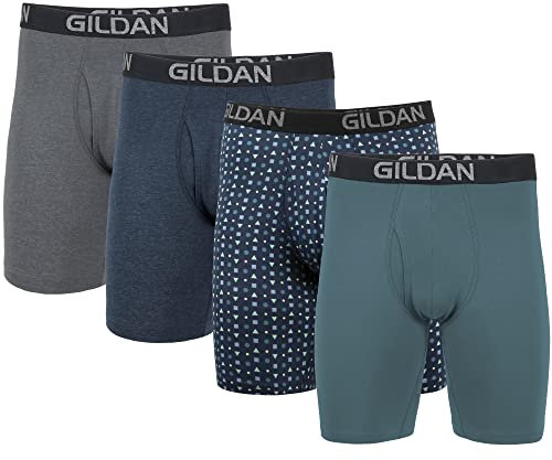 Gildan Men's Underwear Cotton Stretch Boxer Briefs, Multipack, Hthr Dark Grey/Hthr Navy/Shapes/Blue (4-pack), M