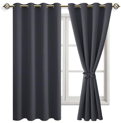 JIUZHEN Vorhang Blickdicht mit Raffhalter Kurz Verdunkelungsvorhänge Thermogardine Ösen Gardinen Ösenvorhang für Schlafzimmer Wohnzimmer, Dunkelgrau, 2 Stück, 137x132cm(HxB)
