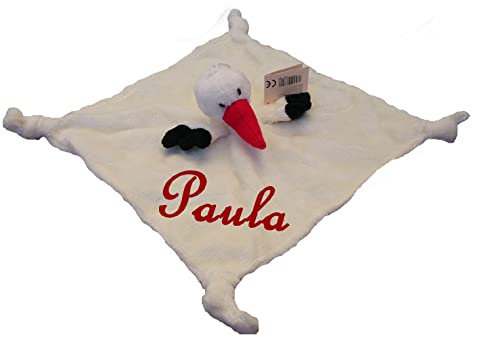 Wuff-Dogsworld Baby Kuscheltuch VIELE Modelle mit Namen Bestickt Geschenk Taufe Geburt Schmusetuch Schnuffeltuch Trösterchen Junge Mädchen (Storch)