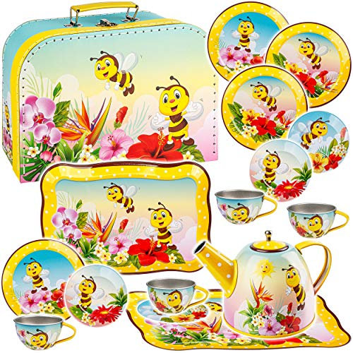 alles-meine.de GmbH 16 TLG. Set Picknick Koffer - Puppengeschirr/Teeservice & Kaffeeservice - süße Bienen & Tiere - Tablett & Geschirr aus Blech - Metall - Blechgeschirr - Ki..
