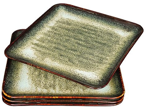 YA JU Keramik Teller 4er Set, Hauptgericht für Steak, Brot, Risotto, Pasta, Vorspeise, Mikrowelle, Backofen und Spülmaschinenfest, Kratzfest (schwarzer quadratischer Speiseteller)