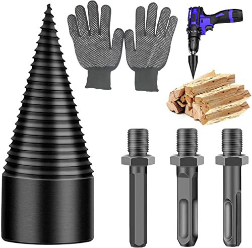 42mm Broca Leña, Astilladora de Troncos con 3 Asas y 2 Guantes, Astilladora de Leña Electrica, Divisor de Troncos, para Todos Los Taladros Eléctricos, Leñadores, Familias, Camping, Granjas B