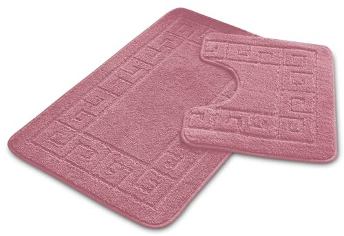 VELVETIO Bath Mat Set 2 Piece Machine Washable for Bathroom, Jacquard Greek Non Slip Quick Dry Shower Rugs & Bathtub Mats, Highly Water Absorbent 100% Polypropylene Toilet Rug Sets, Dusty Pink