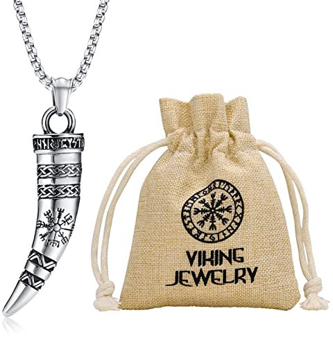 Wikinger Horn Halskette Herren - Edelstahl massiv Mittelalterlich Nordisch Keltisch Knoten Kompass Wikinger Horn Anhänger Kette mit Wikinger Geschenk Tasche, Amulett Schmuck Wikinger Geschenke Männer