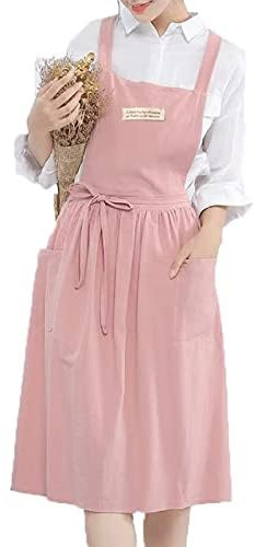 Schürze damen, japanische kochschürze damen, Baumwolle und Leinen, mit gekreuzten Trägern, Lätzchen, einfarbig, Baumwolle, Vintage, Küchenschürze mit 2 Taschen Gartenarbeit, Floristik, Rosa