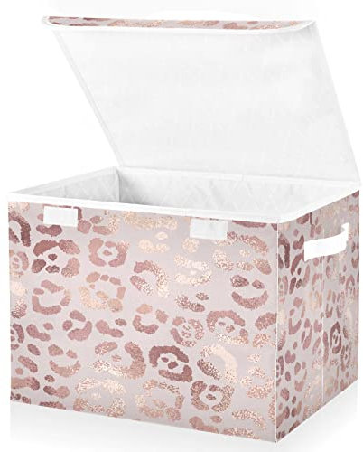 Mnsruu Storage Boxes with Lids, Rose Gold Leopard Print Pink Large Storage Basket Organizer Shelves Cube Bin Toy Clothes Underbed