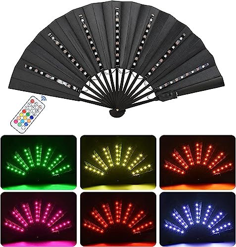 Sunswendi Glowing Hand Fan, Folding Fan Handheld Chinese Fan with Remote Control, Stage Show Dancing Rave Fan Club Party Light up Hand Fan for Men Women