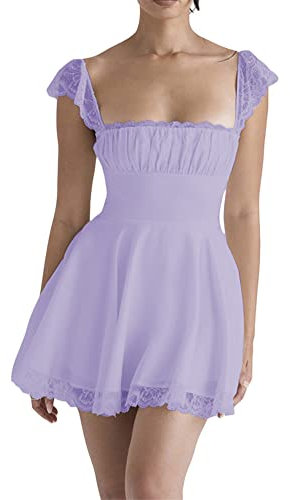 ticticlily Vestiti Donna Estivi Sexy Eleganti Abiti Corti in Chiffon Raso con Increspatura Abito Senza Manica Spalline Spaghetti Vestito da Casual Festa Spiaggia Club A2 Viola Chiaro S