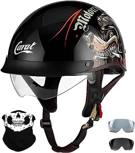 Retro Motorcycle Half Helmet for Men and Women, ECE Certification, Jet Helmet with Visor, Half Shell, Braincap for Cruiser, Chopper, Moped, Scooter, Open Helmet - M~XXL(55~62cm)