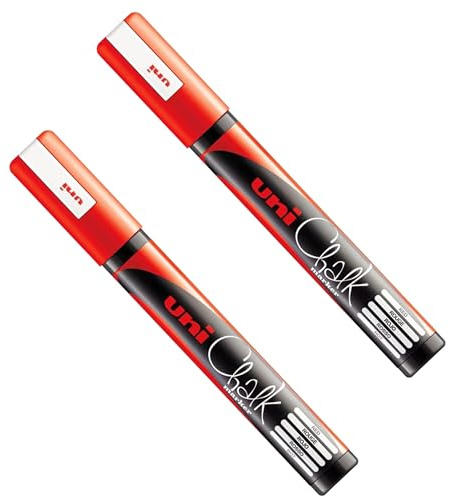 Uni PWE-5M Liquid Chalk Marker Pen - Whiteboard Blackboard Chalkboard - Non Permanent - Red - Pack of 2