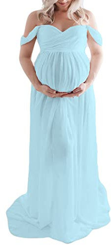 Loalirando Robe de Grossesse Shooting Photo en Mousseline de Soie Léger, Robe de Maternité Maxi-Longue Epaule Dénudée pour la Photographie (Bleu, L)