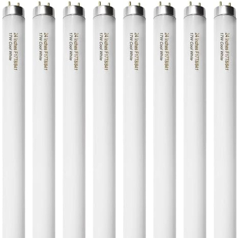 Konideke 8 Pack 24 inch F17T8/841 17 Watts Light Bulb, 2 Foot Straight Fluorescent Tube T8 Tube Light, 4100K Cool White 1400 Lumen G13 Medium Bi-Pin Cap 8 Count