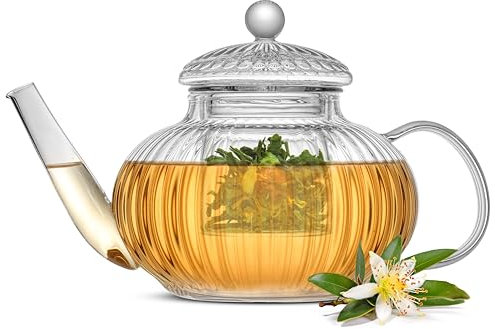 JoyJolt Fluted Glass Teapot Set 33.8oz, Stovetop Safe Tea Kettle, Borosilicate Clear Tea Kettle with Removable Glass Infuser, Blooming and Loose Leaf Tea Maker Tea Brewer