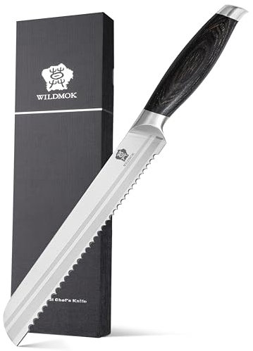 WILDMOK Couteau à pain, couteau ultra pointu de serte de 20,5 cm couteau à pain, couteau de coupe au pain en acier inoxydable allemand avec poignée Pakkawood, boîte cadeau