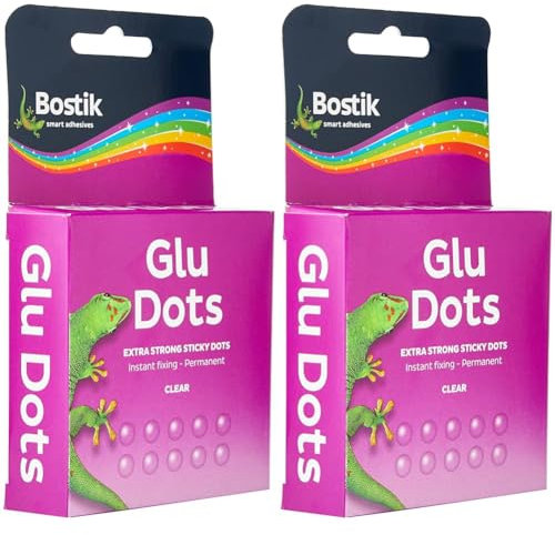 Bostik Glu Dots on a Roll - Extra Strong, Double-Sided Glue Dots, For Instant Fixing & Crafts, Easy to Use, No Mess, Clear, x200 Glu Dots (Pack of 2)