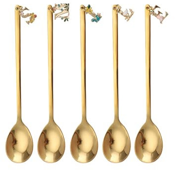 Cuchara creativa de acero inoxidable para té, café, postre, mango largo, aptas para lavavajillas, 4 unidades