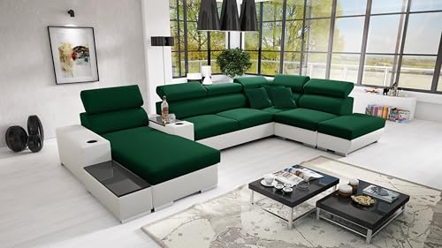 All4All Ecksofa mit Schlaffunktion Ponti 368 cm x 227 cm - Wohnlandschaft U-Form - Schlafsofa mit Bettkasten - XXL Sofa - Groß - Gewebe mit Kunstleder - Linke Seite - Grün/Weiß - Modern 26