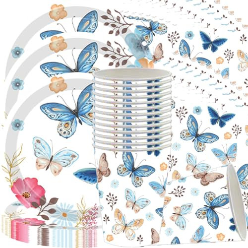 Papillon Vaisselles Anniversaire, papillon Thème Vaisselle Set,Ensemble de vaisselle de fête papillon, réutilisable Fête Mariages Shower Noël, assiettes,Papier Tasse, Serviettes en papier (72PCS 24Inv
