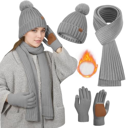 Grau Mütze,Schal & Handschuh-Sets für Damen,Schal und Mütze Damen Set Winter Mütze Schal Handschuhe Set Damen Mütze mit Schal Damen, Bommel Mütze Schal Touchscreen Handschuhe Winterset Damen Geschenke