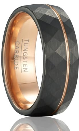 SOXEMAN Herren-Ring aus Wolfram, Schwarz Roségold, Ehering, Breite 8 mm, polierte Kanten mit vierseitigem Grafikdesign
