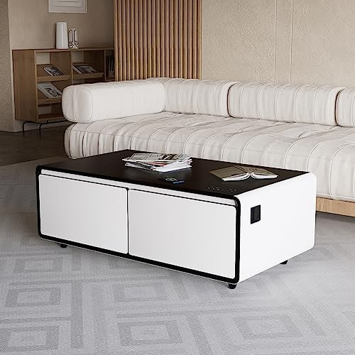 YXFAZPP Table Basse Intelligente Moderne de 41,5 avec réfrigérateur intégré, Table de réfrigérateur Intelligente Moderne avec Haut-Parleur Bluetooth, Panneau de Commande Tactile (White)