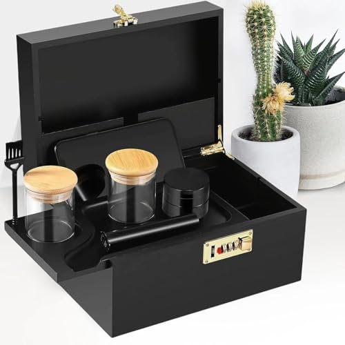 WildFun Bambusbox mit Zahlenschloss, Premium-Verschluss-Organisator mit Tablett Dekorative Home Box Aufbewahrungsbox Set mit Tablett, Glasbehälter Pinsel