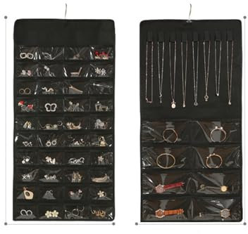 QIUPFGUT Frisiertisch Kleiderschrank Schmuckaufbewahrung, Hängende Schmuck Organizer, Schmuck Organizer Hängend, Hängende Ohrringe Aufbewahrungstaschen, Aufbewahrungsrolle mit Aufhänger(Schwarz)