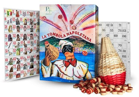 PALUPLUS Tombola Tradizionale Napoletana con 48 Cartelle e Tabellone con Smorfia, Cestello in Vimini e 90 Numeri in Legno, Gioco per Famiglia per Natale e Capodanno -6751F