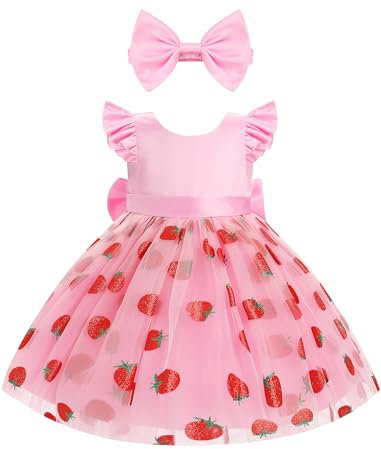 IDOPIP Manches Volantes Enfant Fille Robe Bébé Fille Ligne A Tulle Tutu Robe avec Tête De Soirée Robe de Mariée Robes De Fête Sequins étoiles Fraises Broderie De Fleurs Rose 2-3Y