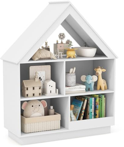 COSTWAY Kinder Bücherregal in Hausform, Kinderregal aus Holz mit 5 Fächern, 3 Ebenen Kinderzimmerregal, Spielzeug-Organizer Spielzeugregal für Spielzimmer, Schlafzimmer, 88 x 34 x 108 cm (Weiß)
