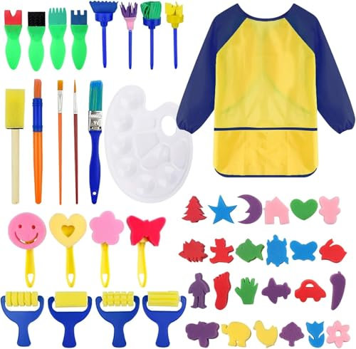 47 Piezas Niños Temprano Aprendizaje Esponja Pintura Cepillos Kit - Dibujo de educación temprana para niños DIY Artesanías - Incluye Pinceles de Esponja, Craft Pinceles y Delantal Impermeable