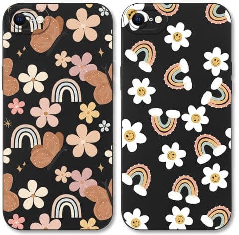 Phoona 2 Packs Rainbow Flower Print Case for iPhone 7 4,7, Aesthetic Design Pattern Cute Soft Full Camera Lens, Silicone Shockproof Protective Bumper Anti-Drop Cover for Women Girls