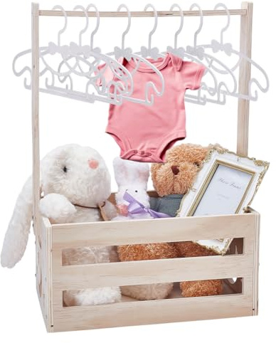 UNICRAFTALE Holz Baby Geschenkkorb, Babyparty und Schwangerschaftsgeschenk | mit 8 Kinder-Kleiderbügeln,stabil,gratfrei,32,4x23x49,7cm,Stern-Mond-Motiv,mit Tragegriff