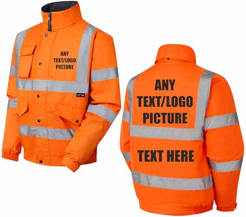 Brook Hi Vis Personalised Orange Hi Vis Bomber Jacket – Custom Printed Safety Workwear with Logo or Text, Reflective High Visibility Jacket, EN ISO 20471 Class 3 & RIS-3279-TOM
