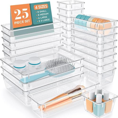25-Piece Clear Plastic Drawer Organizer Set, 4 Sizes, Desk Drawer Dividers and Storage Containers for Makeup, Jewelry, and Gadgets for Kitchen, Bedroom, and Bathroom