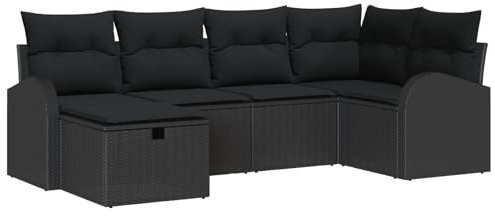 vidaXL 6-TLG. Garten-Sofa-Set mit Kissen in Schwarz – modernes Rattan-Möbel für die Terrasse, perfekte Sitzgelegenheit für draußen, bequem und wetterfest.