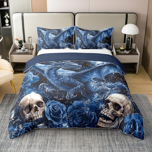 Mysteriöser Drache 100% Baumwolle Bettbezug 155x220 Jungen Mädchen Schwarz Sternenhimmel Weltraum Bettwäsche Set Gotische Schädel Tröster Abdeckung Blau Romantische Blumen Bequeme Wildtiere Bett Set