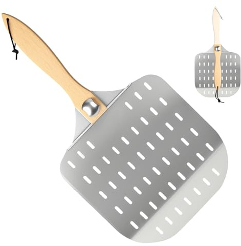 Junrvivy Pala de pizza perforada, 30 x 60 cm, pala de aluminio para pizza con mango plegable extraíble, ahorra espacio, el asistente de cocción perfecto para pizza