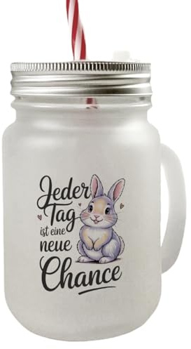 Hase mit Herzen Jeder Tag ist eine neue Chance Spruch Mason Jar Henkel Trinkglas mit Deckel Mason Jar Henkel Trinkglas mit Deckel mit Motiv für Optimisten - lustiges Geschenk