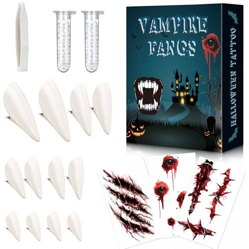Aerku 12 Piece Vampire Teeth Set, Vampire Fangs 6 Pairs, Halloween Tattoos 3 Sheets, Teeth Pellets Adhesive 2 Tube For Cosplay Party Props Dress Up Horror Props