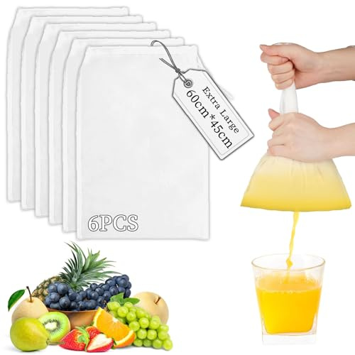 AFYRIANT Nussmilchbeutel, 6 Stück Passiertuch Wiederverwendbar, Käsetuch, 60 × 45 cm Feingewebt Passiertuch Nylon Filterbeutel Nussmilchbeutel Bio Waschbar mit Kordelzug für Nussmilch Kaffee Joghurt