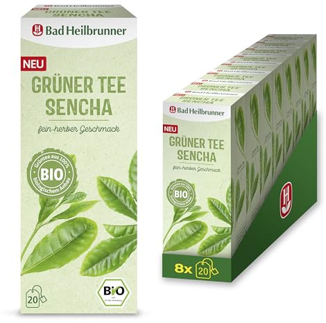 Bad Heilbrunner Bio Grüner Tee Sencha – im Filterbeutel - harmonischer Grüntee aus grünen Teeblättern – fein-herber Charakter mit mild-aromatischem Bouquet (8 x 20 Filterbeutel)