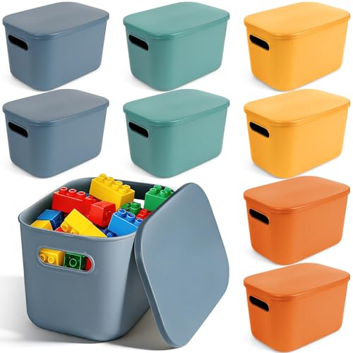 ASMIZ 8 Pack Colourful Storage Bins with Lids, 25 x 18 x 15 cm Boxes | Stackable Plastic Storage Boxes with Handles for Shelves, Crafts, Snacks, Bathroom, Kitchen and Classroom