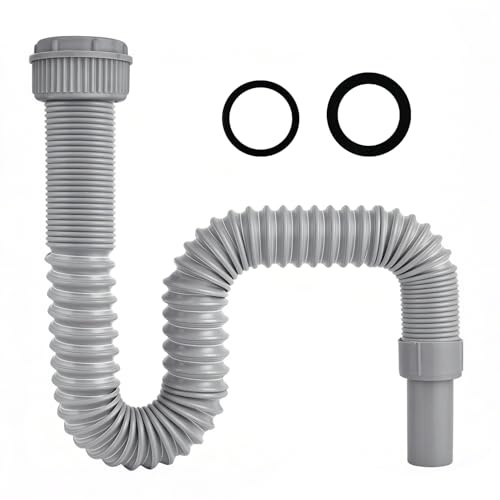 Flexible Waste Pipe 45mm, Extendable Drain Pipe for Sink Drainage, Drain Hose with Steel Wire Support with 40mm Adapter, Durable Sink Waste Kit for Kitchen & Bathroom（Grey）