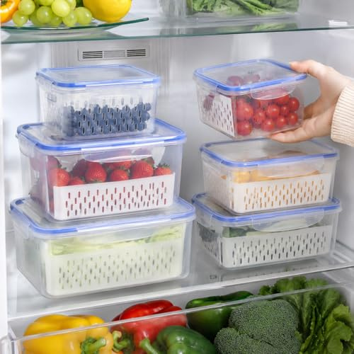 Aufbewahrungsbox Kühlschrank Aufbewahrungsboxen für Früchte mit Deckel 3er | Obst Aufbewahrung Kühlschrank mit Ablaufkorb Frischhaltedosen Gemüse Kühlschrank Organizer Frischhalteboxen(0.85l+1.75l+3.3l)