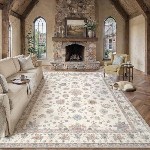 PureCozy Vintage Teppich Wohnzimmer 200x300cm Beige Waschbar Teppiche Rug | Retro Kurzflor Carpet,Waschbar,Rutschfest,Weich,für Wohnzimmerteppich,Schlafzimmer,Esszimmer,Büro