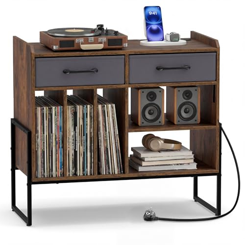 COSTWAY Supporto per Giradischi in Vinile, Mobile per Giradischi con Stazione di Ricarica, 2 Cassetti Rimovibili in Tessuto e Ripiano Regolabile, Supporto Porta Dischi Vinile per Soggiorno, Studio